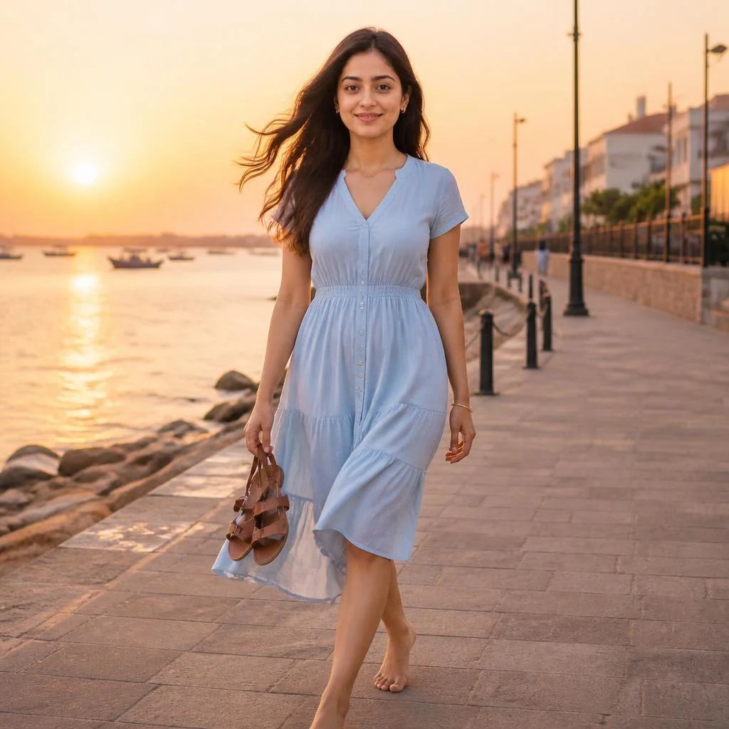 A young woman walking along a seaside promenade at sunset, wearing a light blue cotton dress with minimal accessories, holding her sandals in one hand while walking barefoot, ocean and distant boats behind her, wind naturally moving her hair and dress, soft golden backlight, relaxed joyful expression, premium travel lifestyle photography.