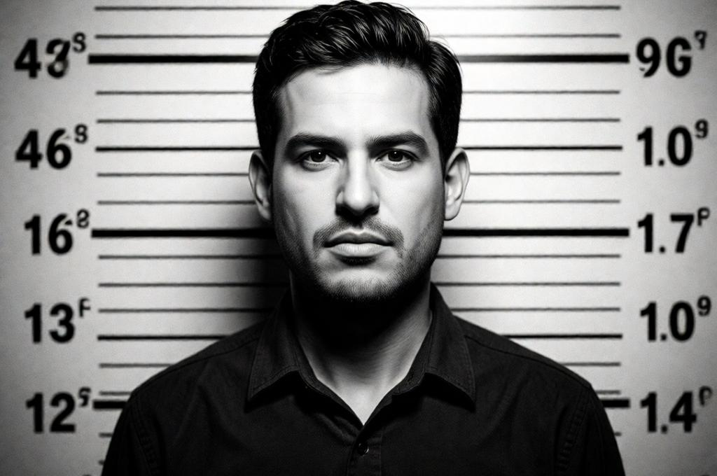 Man in a vintage police mugshot style photo, height chart behind, grainy black and white