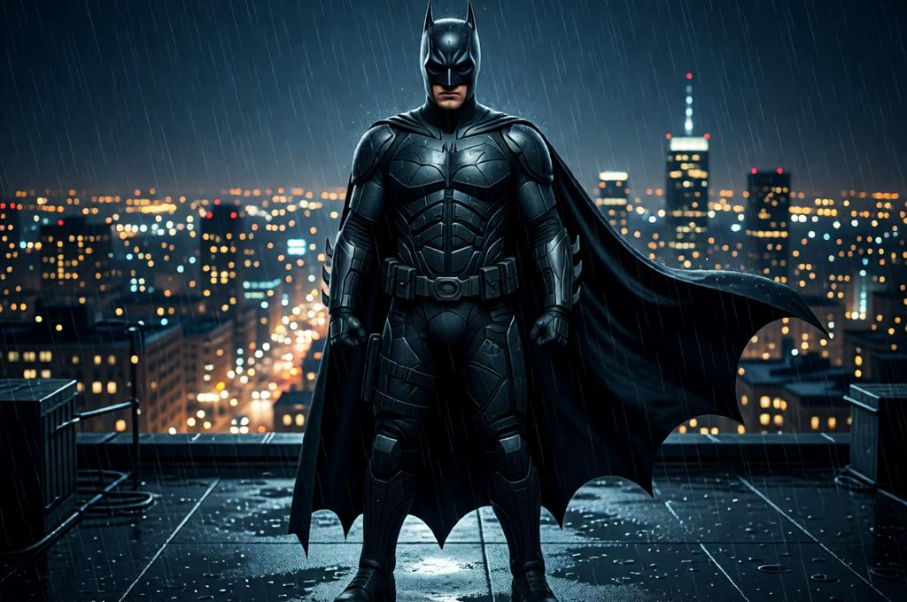 Man in a photorealistic Batman cowl and suit on a Gotham rooftop at night, city lights below