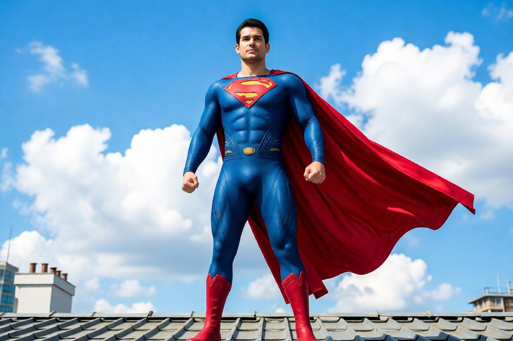 Man as Superman in full costume, hovering slightly, sky and clouds behind, heroic