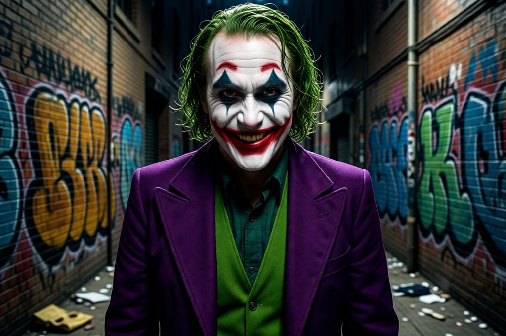 Man as the Joker in full makeup and costume, dramatic purple coat, chaos energy, dark setting