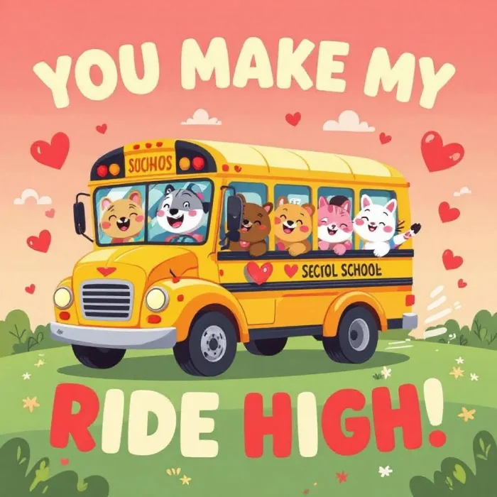 Cartoon animals riding a school bus, kids design.