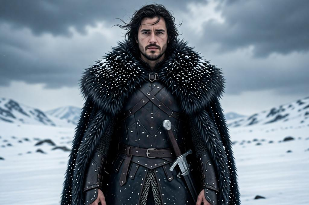 Man as Jon Snow in full Night's Watch cloak, snow-covered landscape, dramatic grey sky