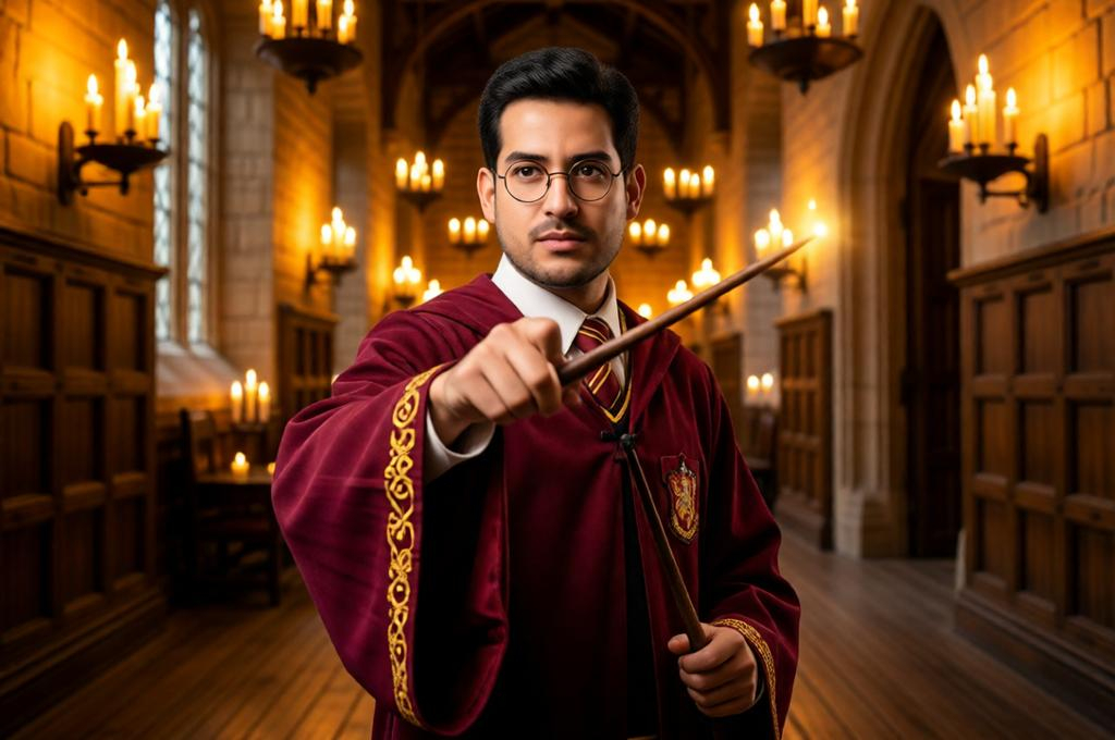 Man in a Hogwarts school robe and round glasses, wand raised, magical warm light setting