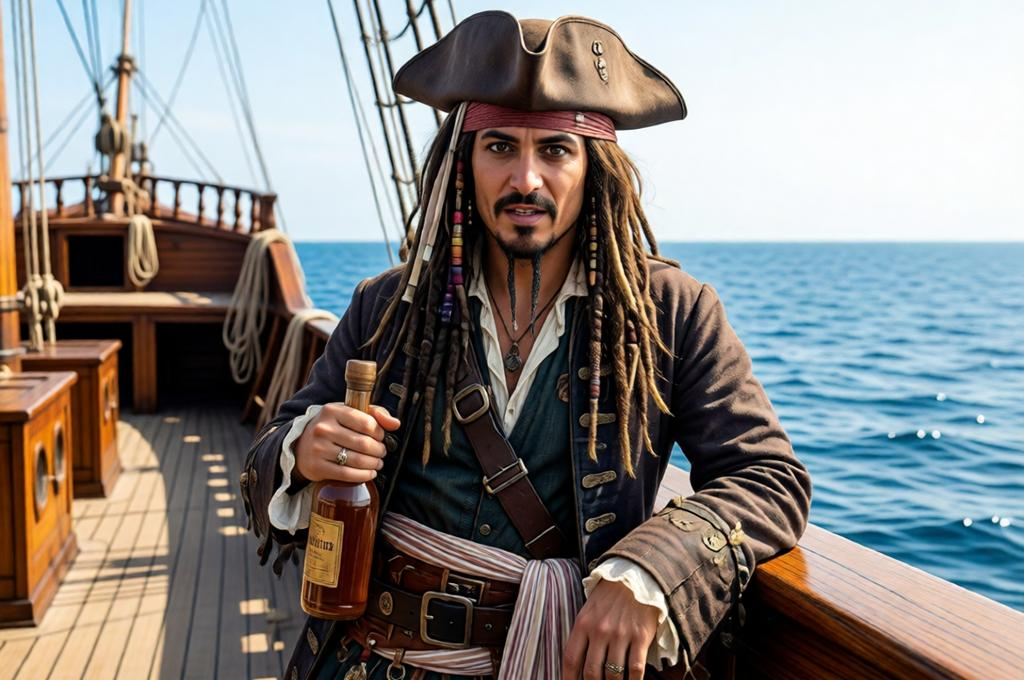 Man as Captain Jack Sparrow on a ship deck, full pirate costume, rum bottle, comic bravado