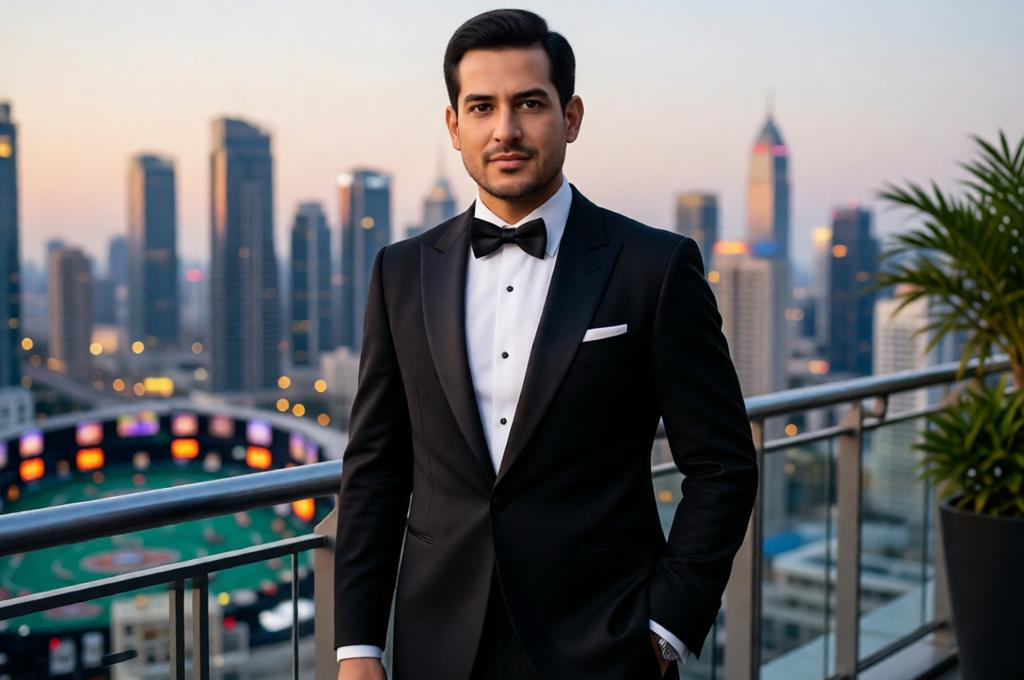Man as James Bond in a perfectly tailored tuxedo, casino or rooftop, suave and composed