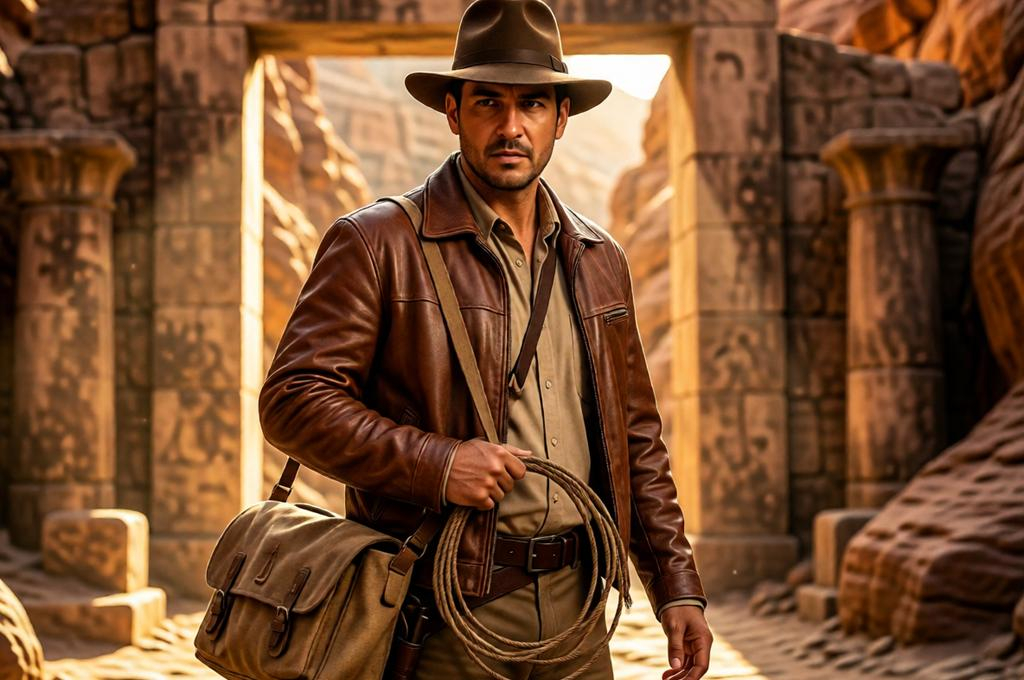 Man as Indiana Jones in leather jacket and hat, desert canyon, holding a whip, adventurous
