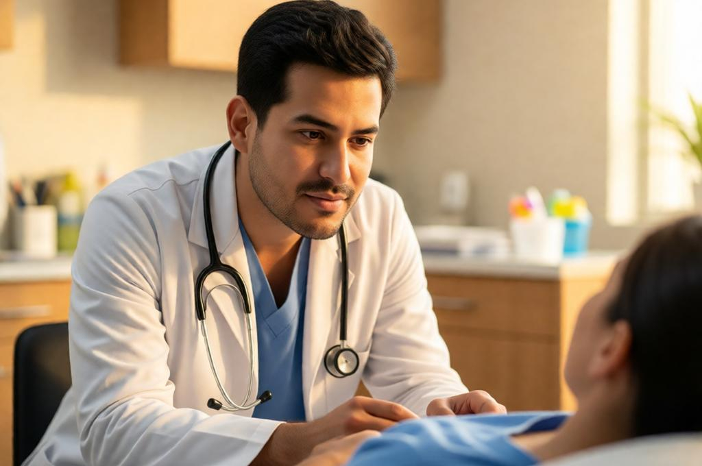 Man in a doctor's coat talking to a patient in a warmly lit clinic, caring and professional
