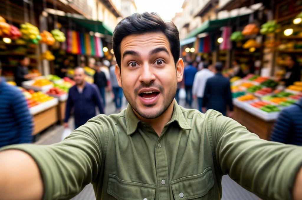 Guy filming himself on a phone selfie-style in a busy market, slightly motion blurred background