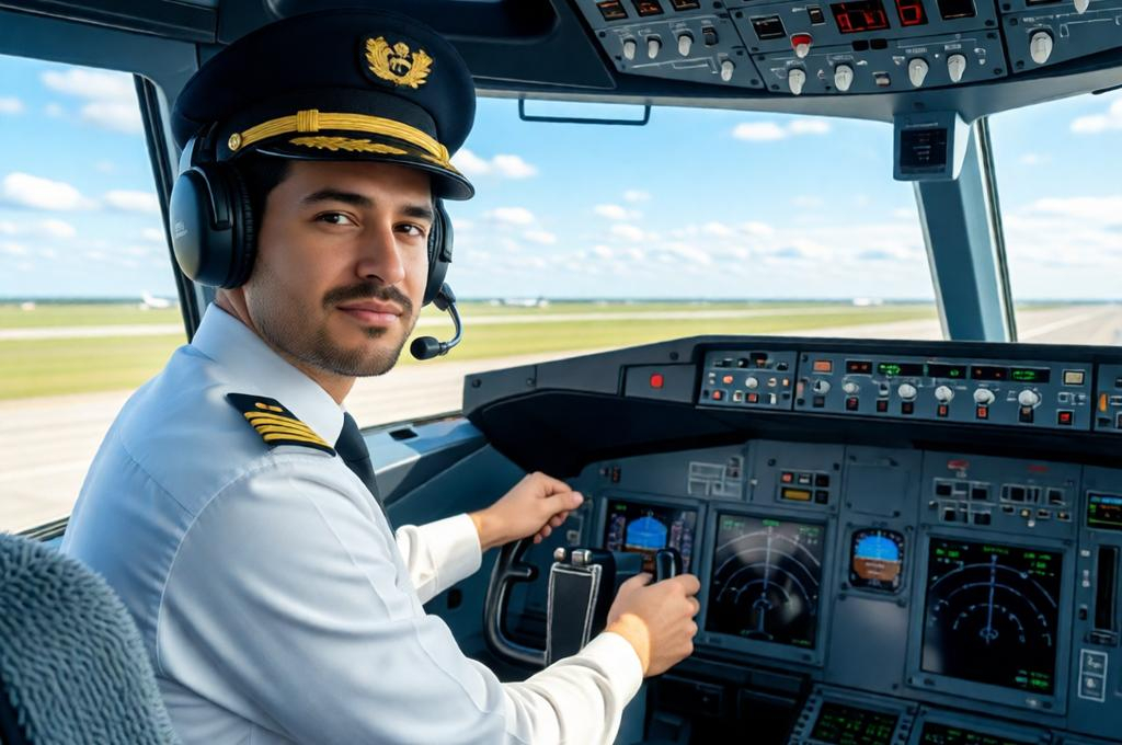 Man in a full pilot uniform in a cockpit with the runway and aircraft visible outside
