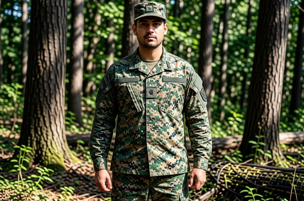 Man in army camouflage gear in a forest setting, serious expression, military portrait