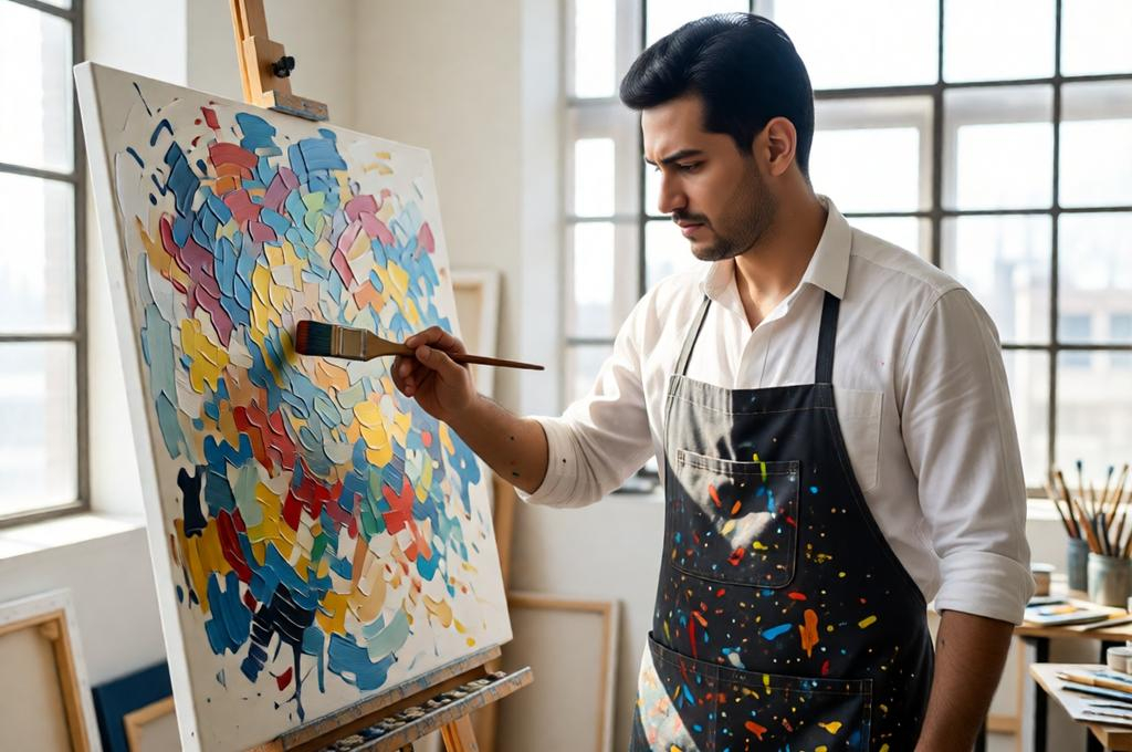 Man in paint-stained clothes in front of a canvas, brush in hand, artist at work in a studio