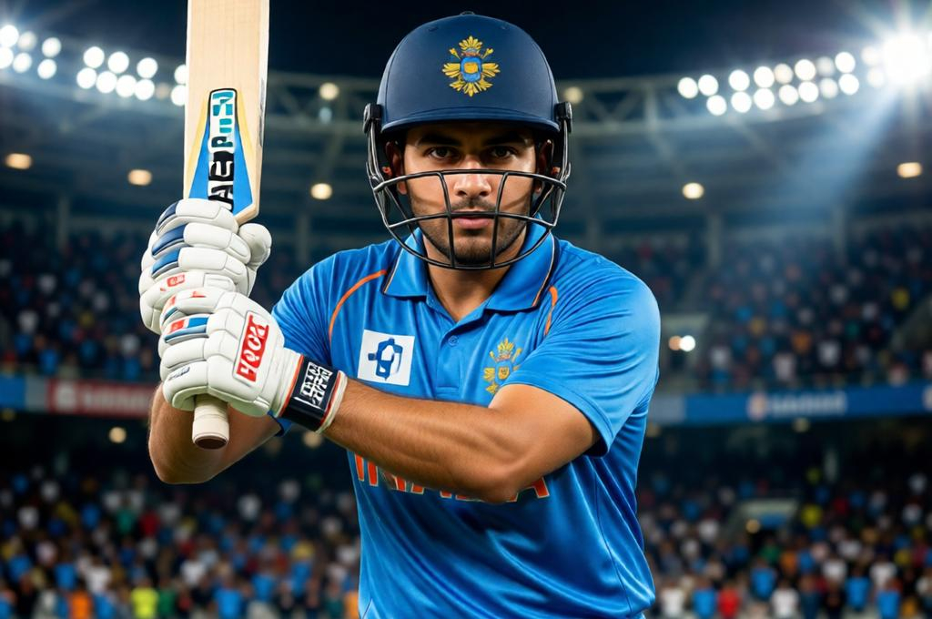 Man in India cricket jersey mid-batting stance on a pitch, stadium behind, DSLR sports shot
