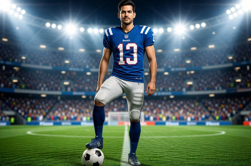 Man in a football jersey with a ball at his feet on a pitch, stadium crowd blurred behind