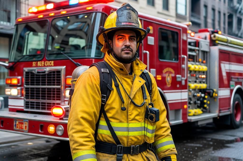 Man in full firefighter gear exiting a fire truck, lit by orange emergency lights, cinematic