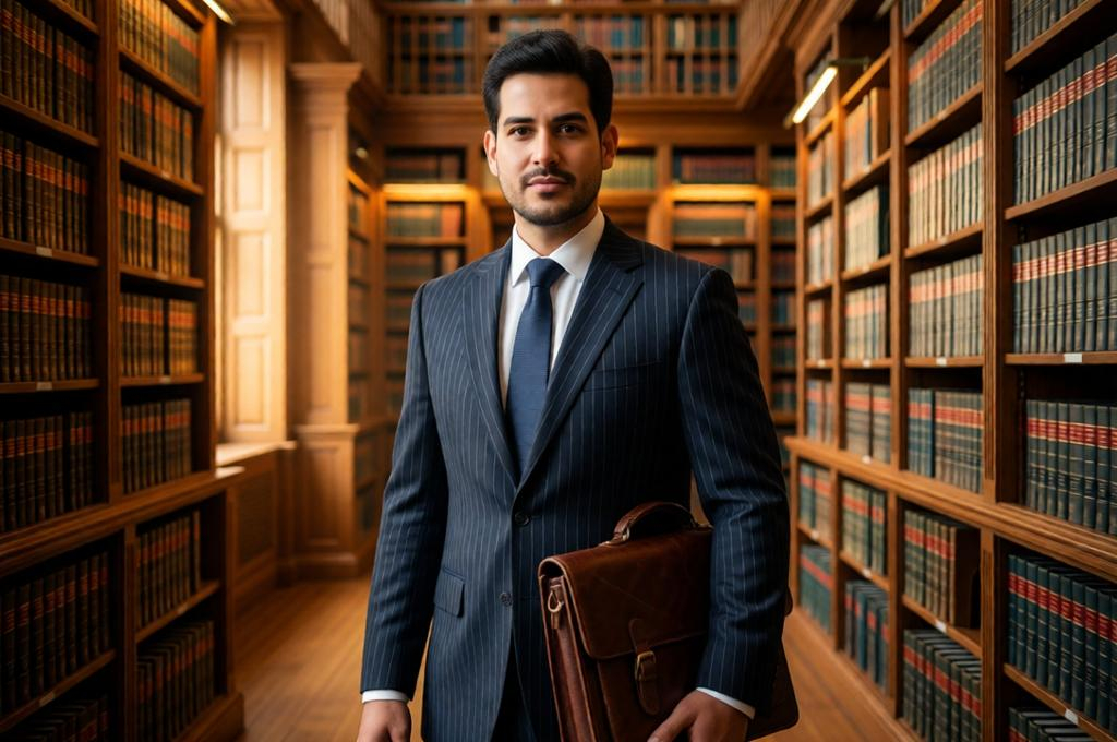 Man in a sharp suit in a law library holding a brief, confident and composed legal portrait