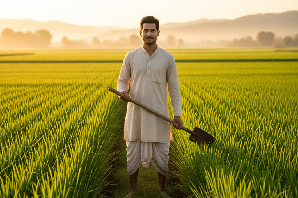 Man in traditional farming clothes in a mustard field at sunrise, real rural India setting
