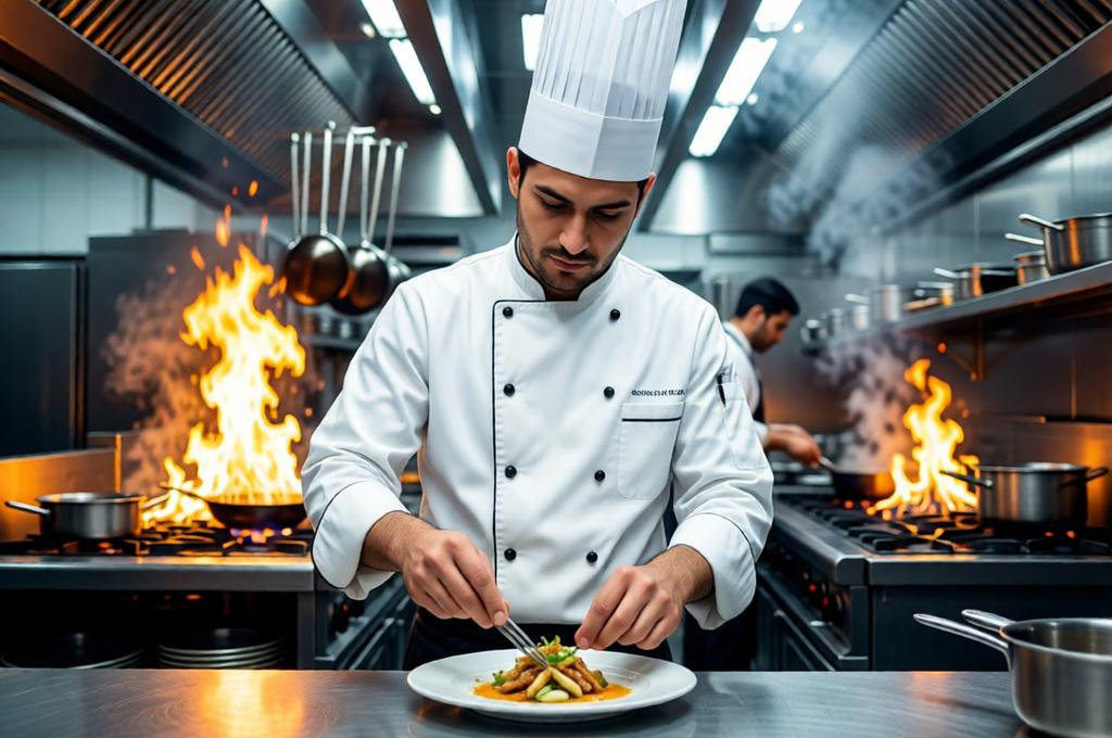 Man in chef whites in a professional kitchen, plating a dish, focused and skilled