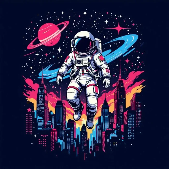 Astronaut floating above city skyline streetwear graphic.