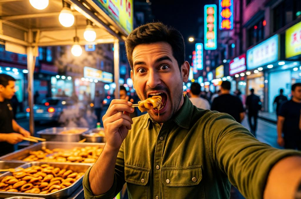 Man filming street food stall at night, phone to his mouth tasting something, neon signs around