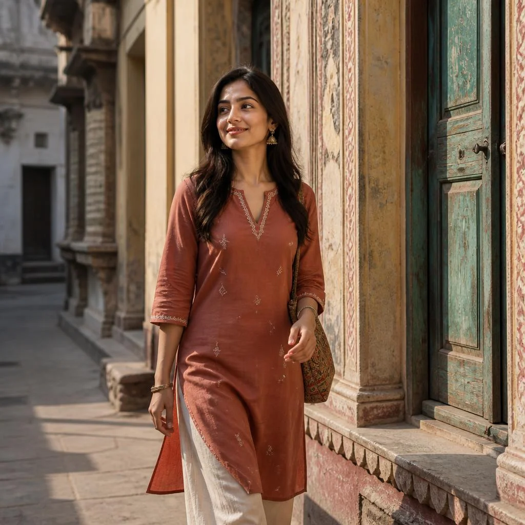 A young woman exploring a historic Indian neighborhood, wearing a rust-colored kurta with wide-leg cream pants and traditional earrings, walking beside textured old architecture and colorful doors, looking naturally toward something outside the frame, late-afternoon sunlight, subtle environmental details, authentic travel photography, cinematic but realistic.