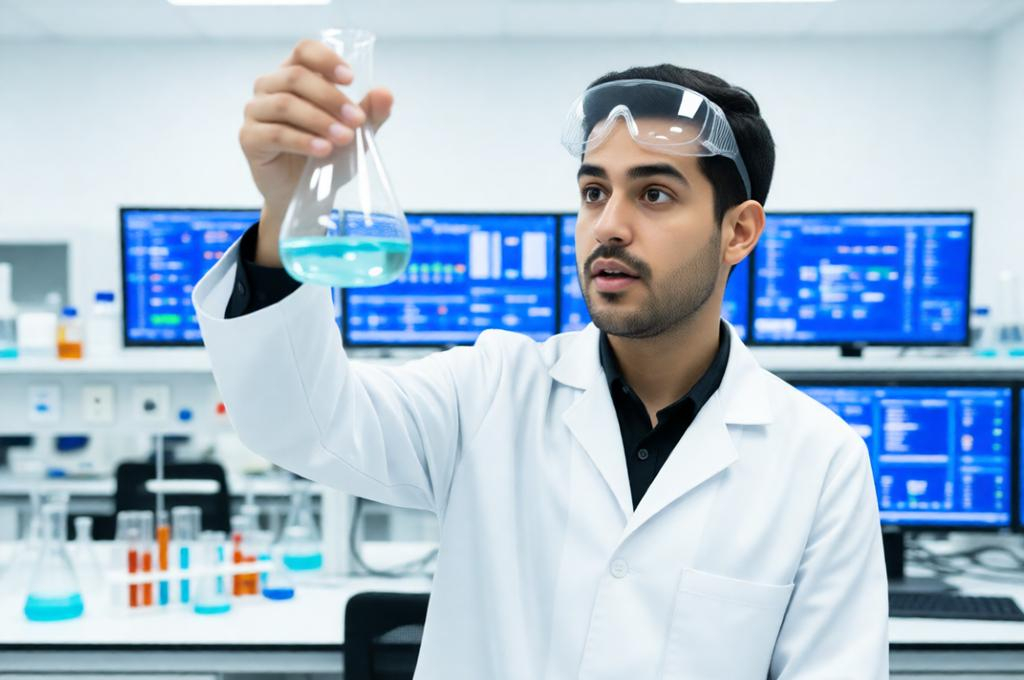 Man in a lab coat at a bench with scientific equipment, focused experiment, laboratory setting