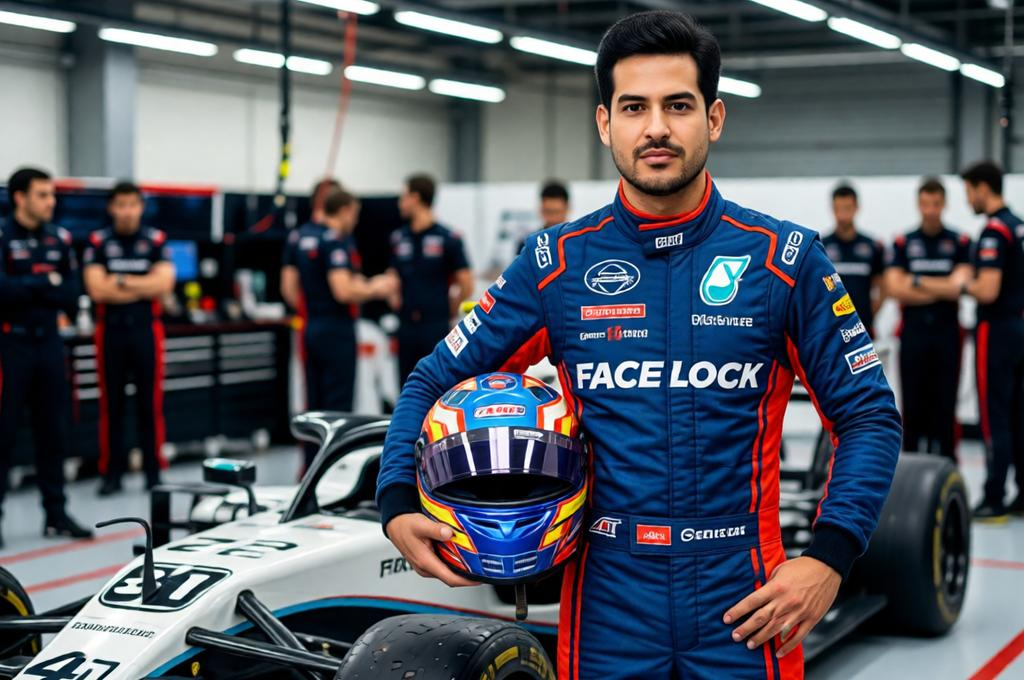 Man in a racing suit and helmet in a Formula car cockpit, pit lane behind, race-day energy