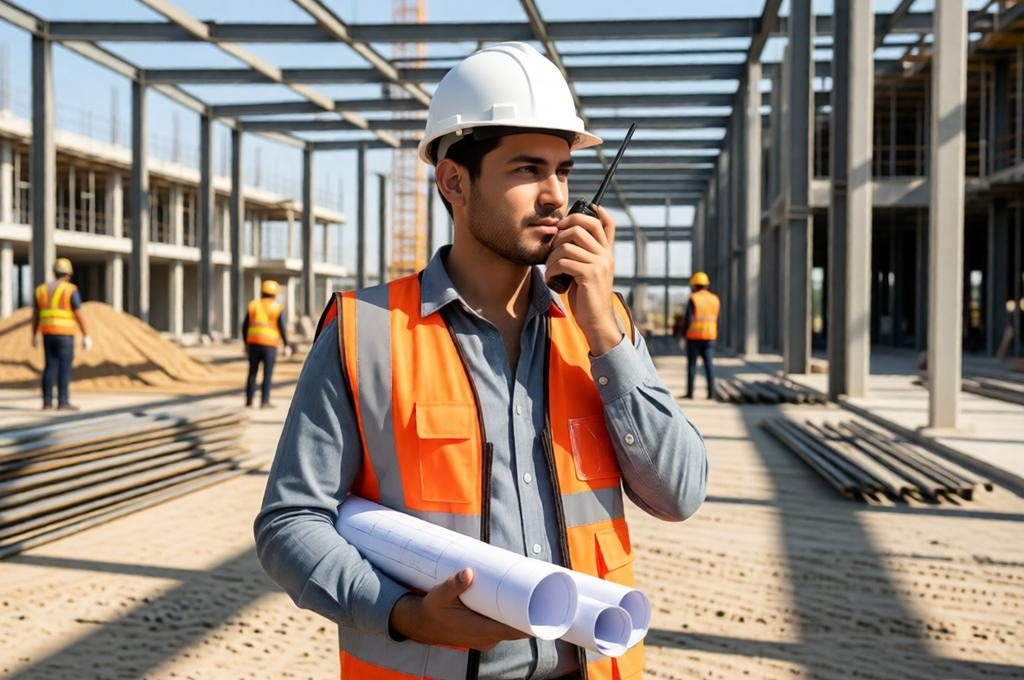 Man in a hard hat and high-vis vest at a construction site, strong natural light, real work scene