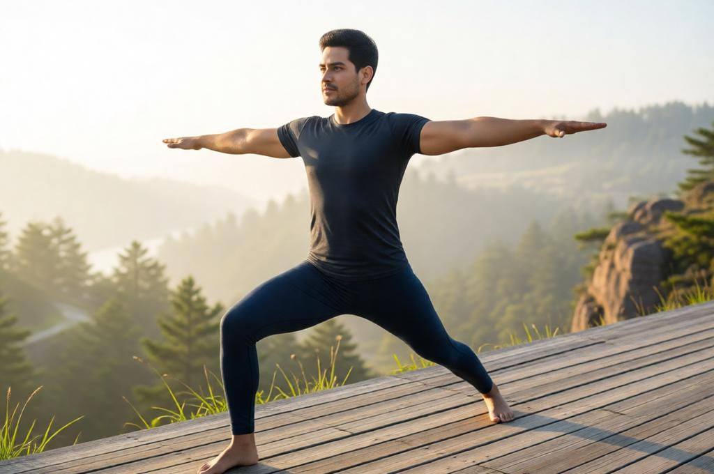 Man in yoga gear in a warrior pose outdoors, natural light, calm and focused