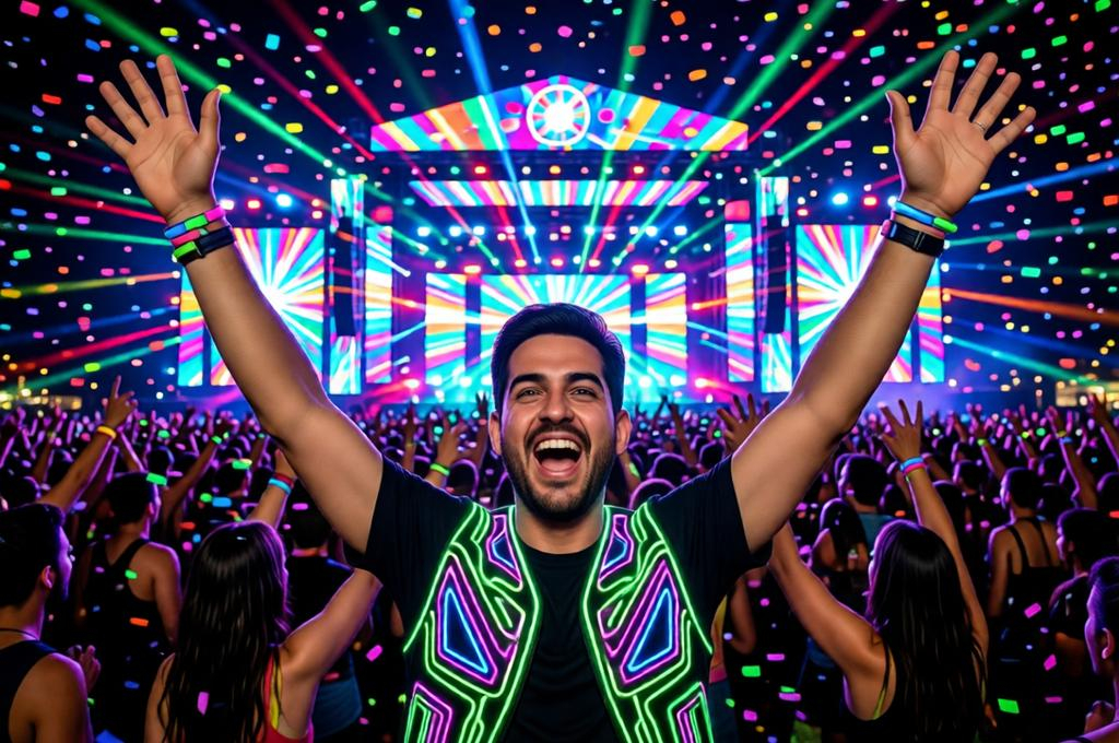 Man at Tomorrowland festival, crowd and light show behind, neon face paint, huge energy