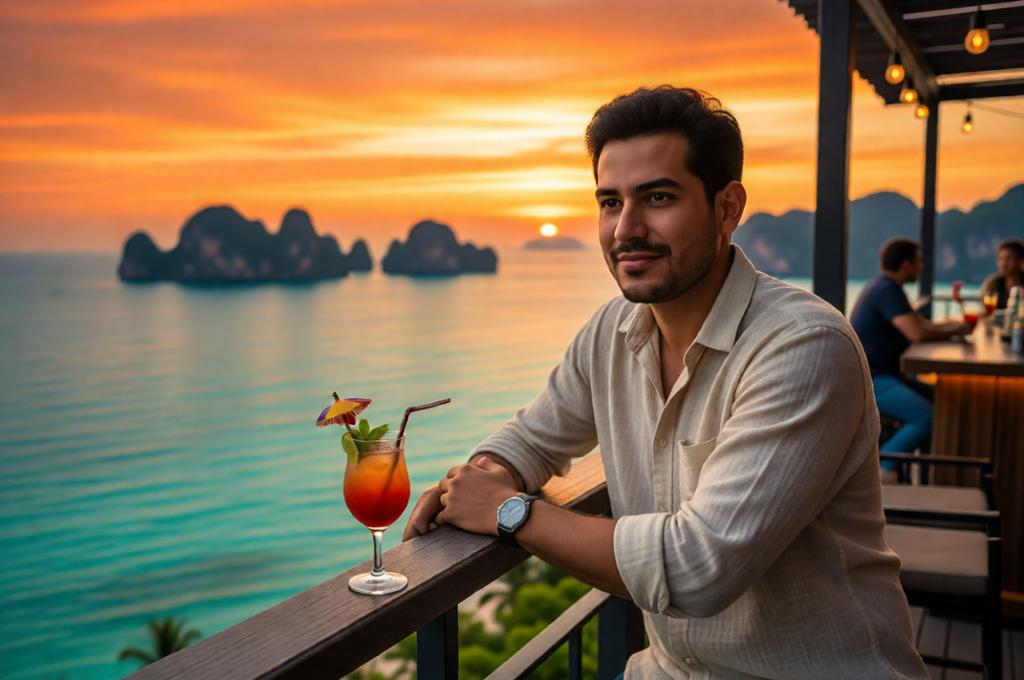Man at a rooftop bar in Phuket with turquoise ocean view at sunset, Thailand energy