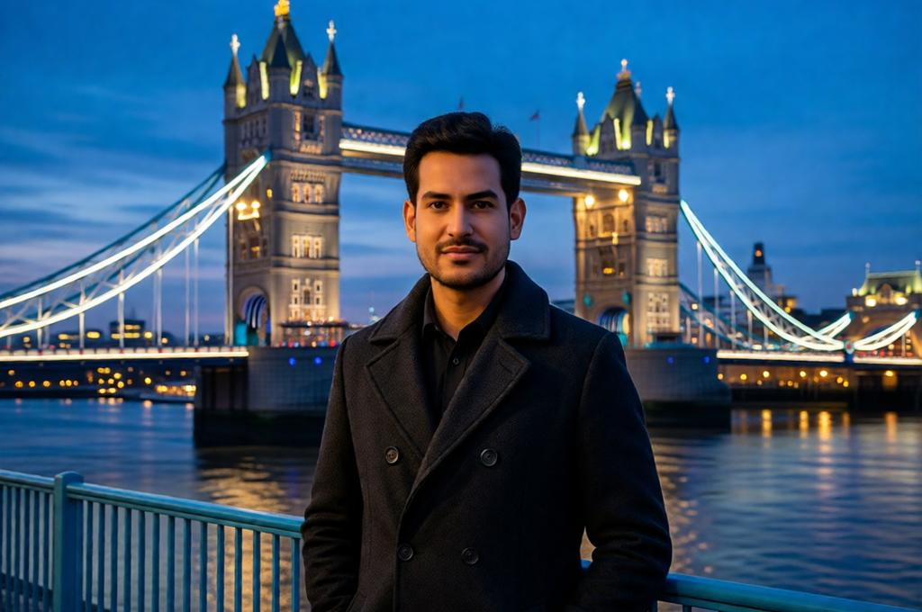 Man in a coat on London's Tower Bridge at dusk, city lights coming on, moody and cinematic