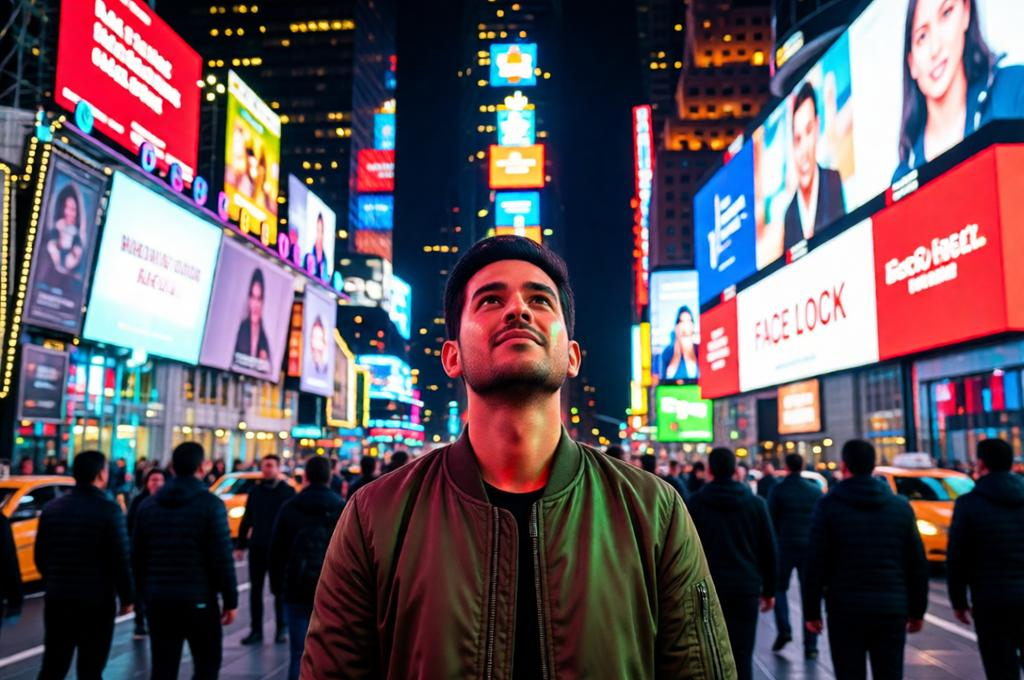 Man at New York Times Square at night, surrounded by giant neon billboards, urban energy