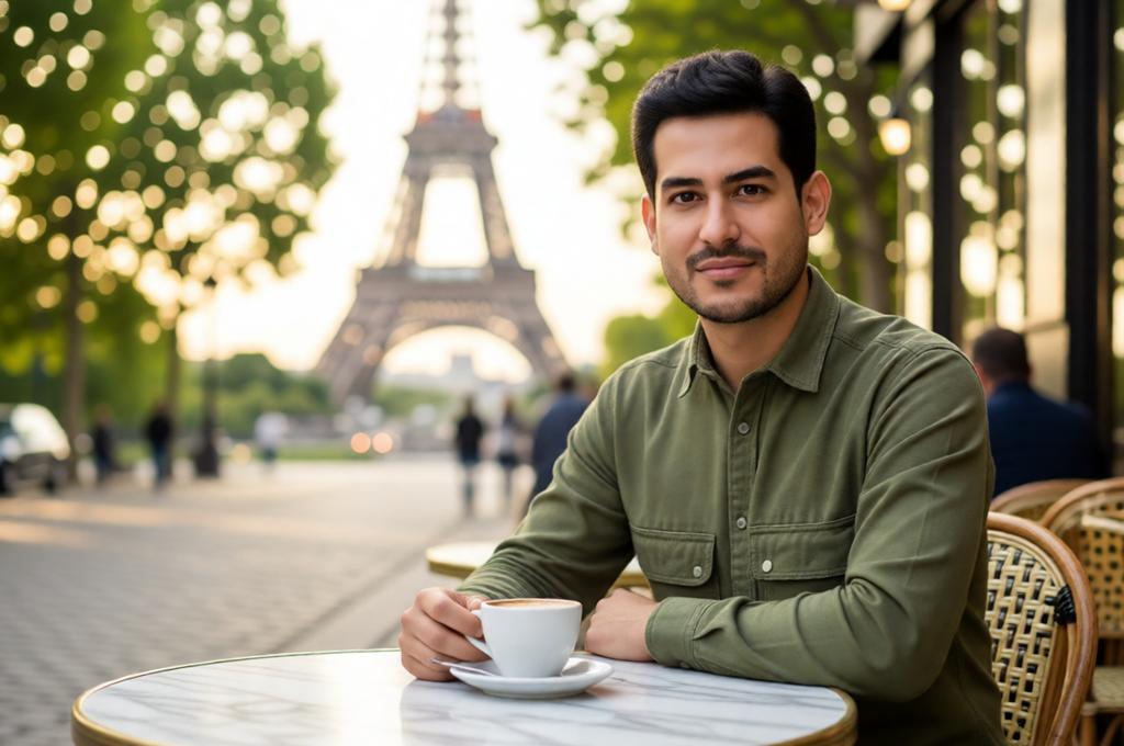 Man at a Paris street cafe with the Eiffel Tower blurred outside, DSLR bokeh, afternoon light