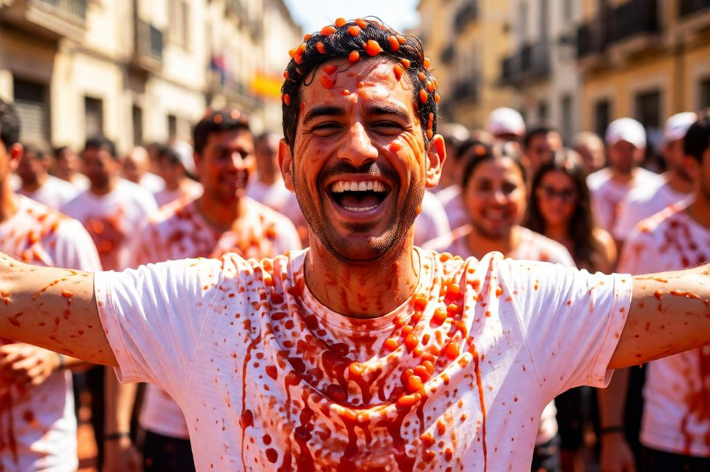 Man covered in tomatoes at La Tomatina in Spain, laughing and drenched, festival chaos