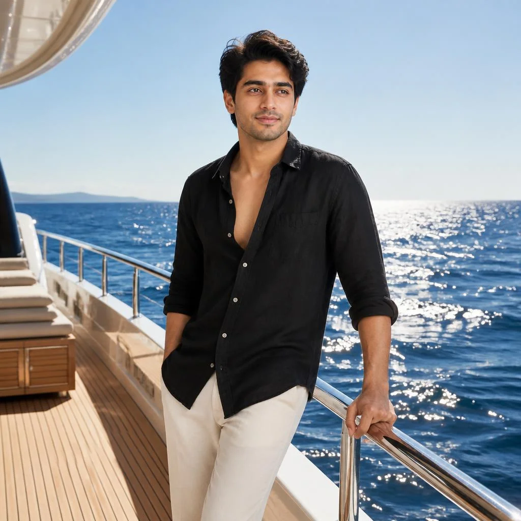 Prompt 9: Yacht — Black Shirt & Cream Trousers