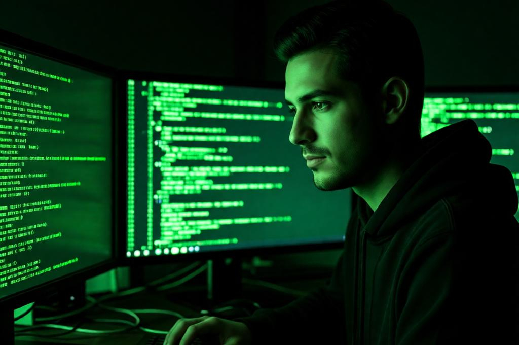 Man in dark hoodie at multiple monitors with code on screen, low green tinted light, hacker aesthetic