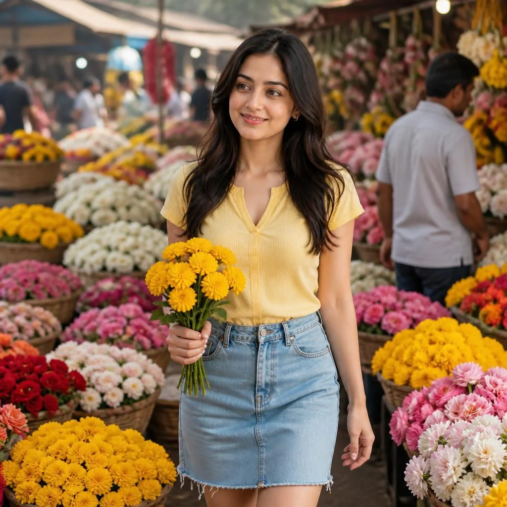 A young woman walking through a vibrant flower market, wearing a simple yellow blouse and light denim skirt, surrounded by baskets of fresh marigolds, roses and chrysanthemums, carrying a small bouquet, candid smile while interacting with the flowers, soft morning light, lively background, realistic documentary-style photography.