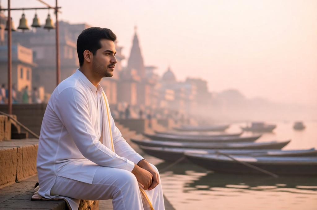 Man on the ghats of Banaras at dawn in a kurta, fog on the Ganga, spiritual and cinematic