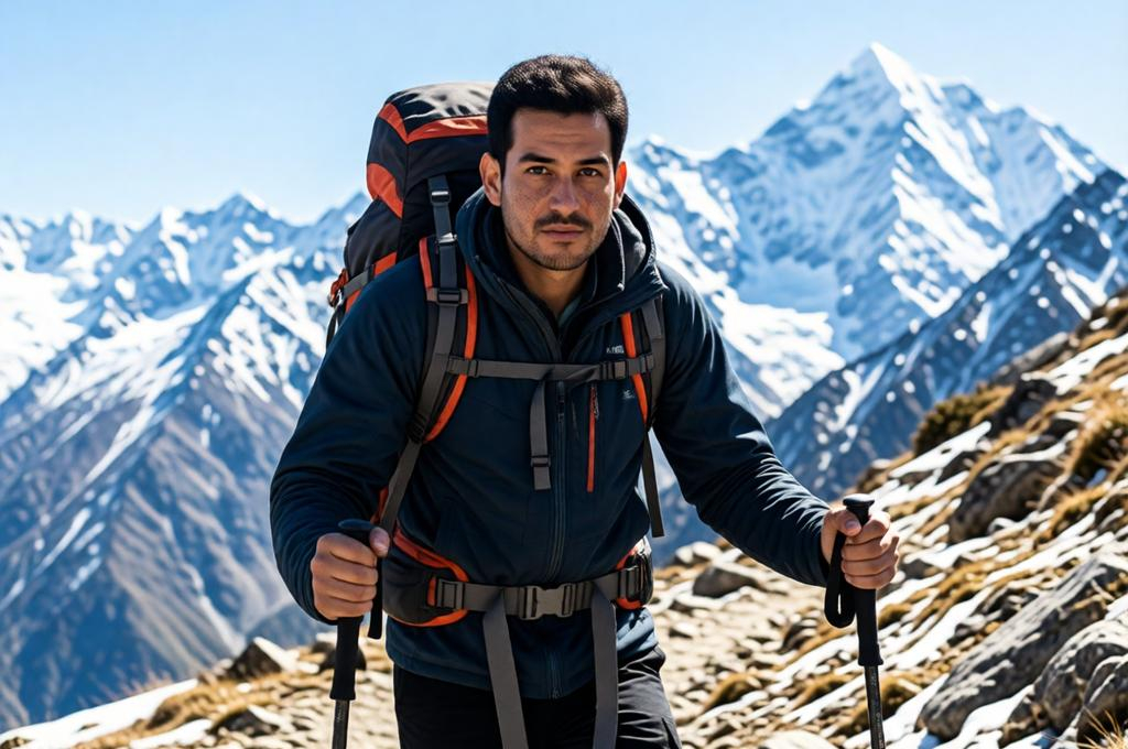 Man trekking on a Himalayan trail with a heavy pack, mountain peaks behind, real altitude feel