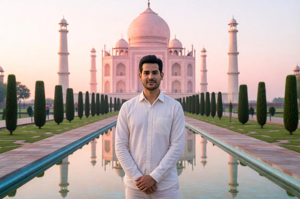 Man standing in front of the Taj Mahal at sunrise, simple outfit, pink-orange morning light