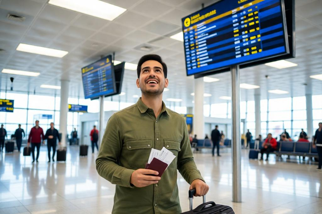 Man at an international airport terminal, passport in hand, looking up at departures board