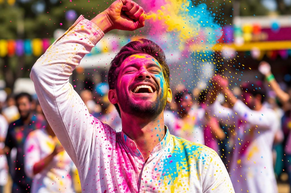 Man drenched in Holi colours, laughing in festival sunlight, powder flying everywhere