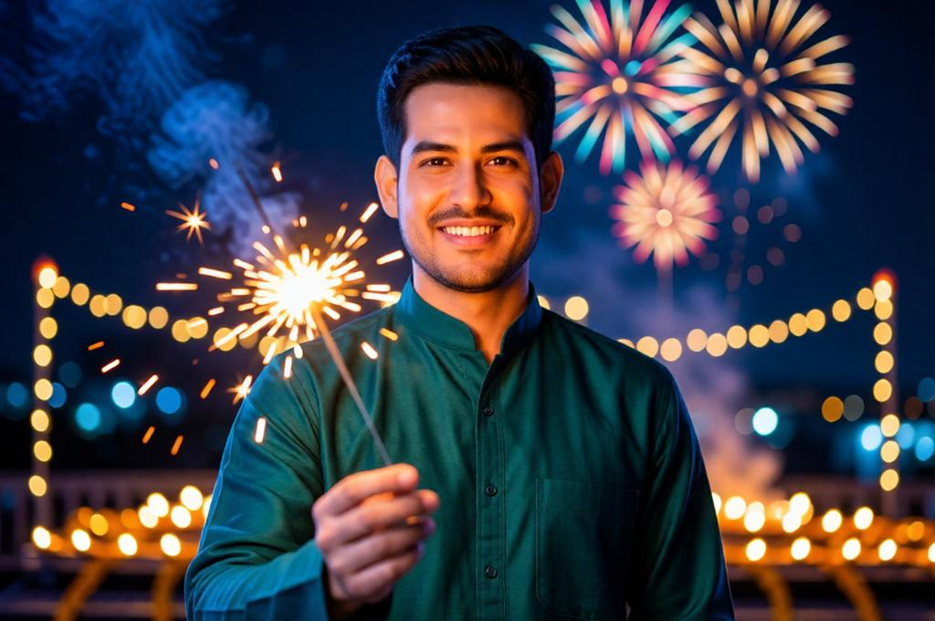 Man holding a sparkler at Diwali, warm orange glow on his face, night background, ethnic kurta