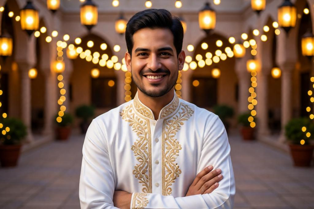 Man in a white Eid kurta in a courtyard with lantern light, warm smile, festive evening