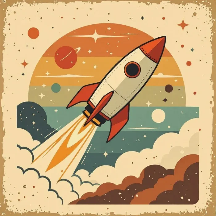 Retro rocket launch vintage space design.
