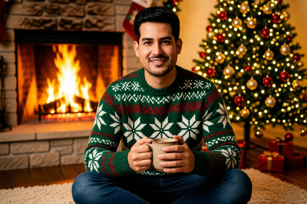 Man in a cosy Christmas jumper by a fireplace with a large mug, warm festive home scene