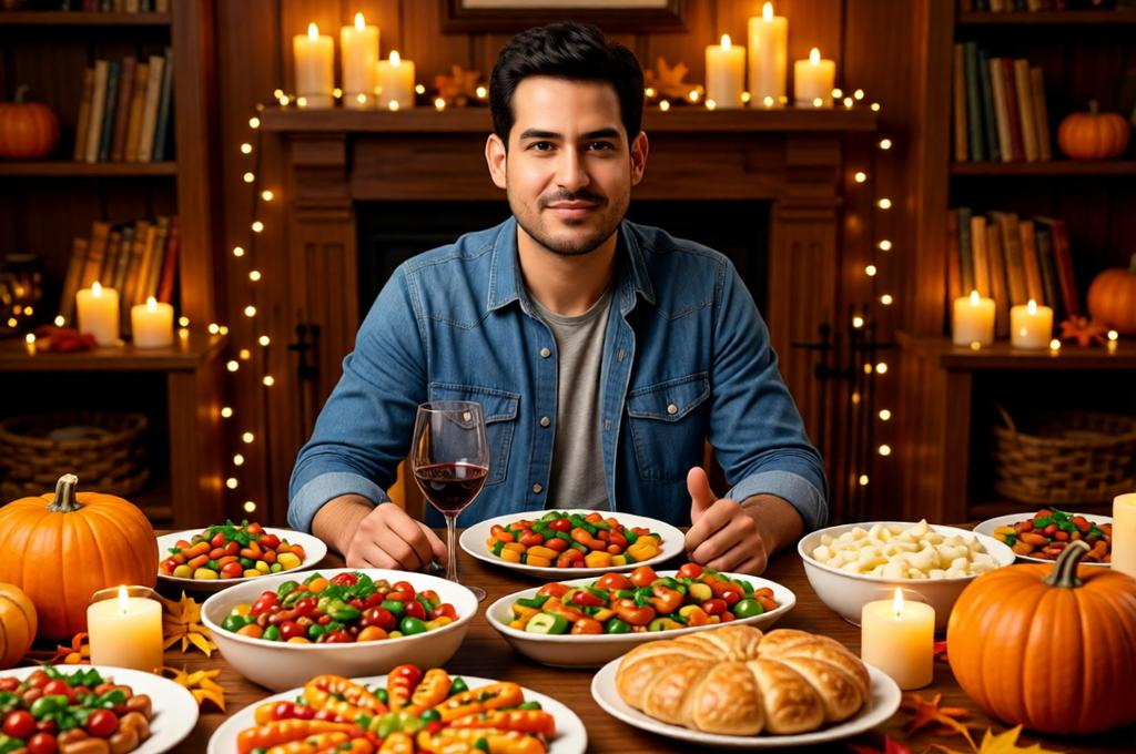 Man at a Thanksgiving table with family-style food spread, warm fall home atmosphere