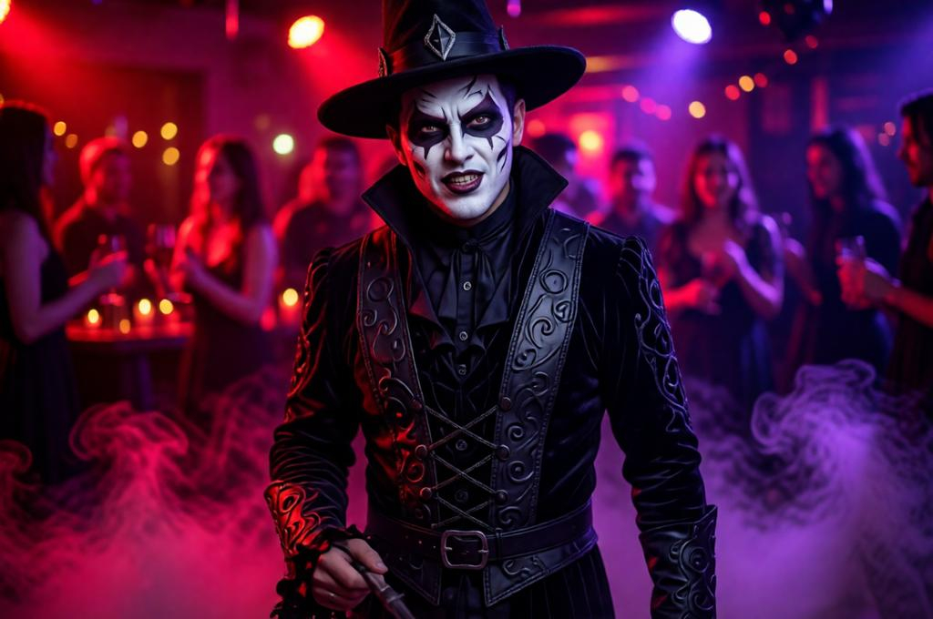 Man in a creative Halloween costume, moody venue, dramatic coloured lighting, fun energy