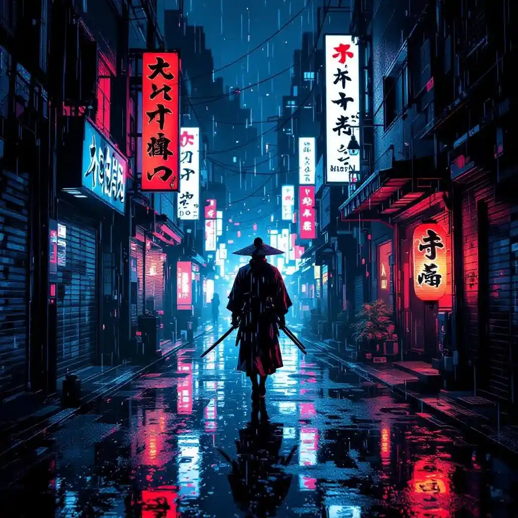 Samurai walking in neon cyberpunk alley streetwear graphic.